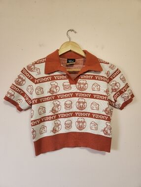 Tom and Jerry x CACO Retro Chef Jerry Cotton Knit Cropped Polo Size M Like New
